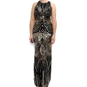ART DECO Great Gatsby Style Black Gold Sequin Halter Formal Maxi Dress Gown